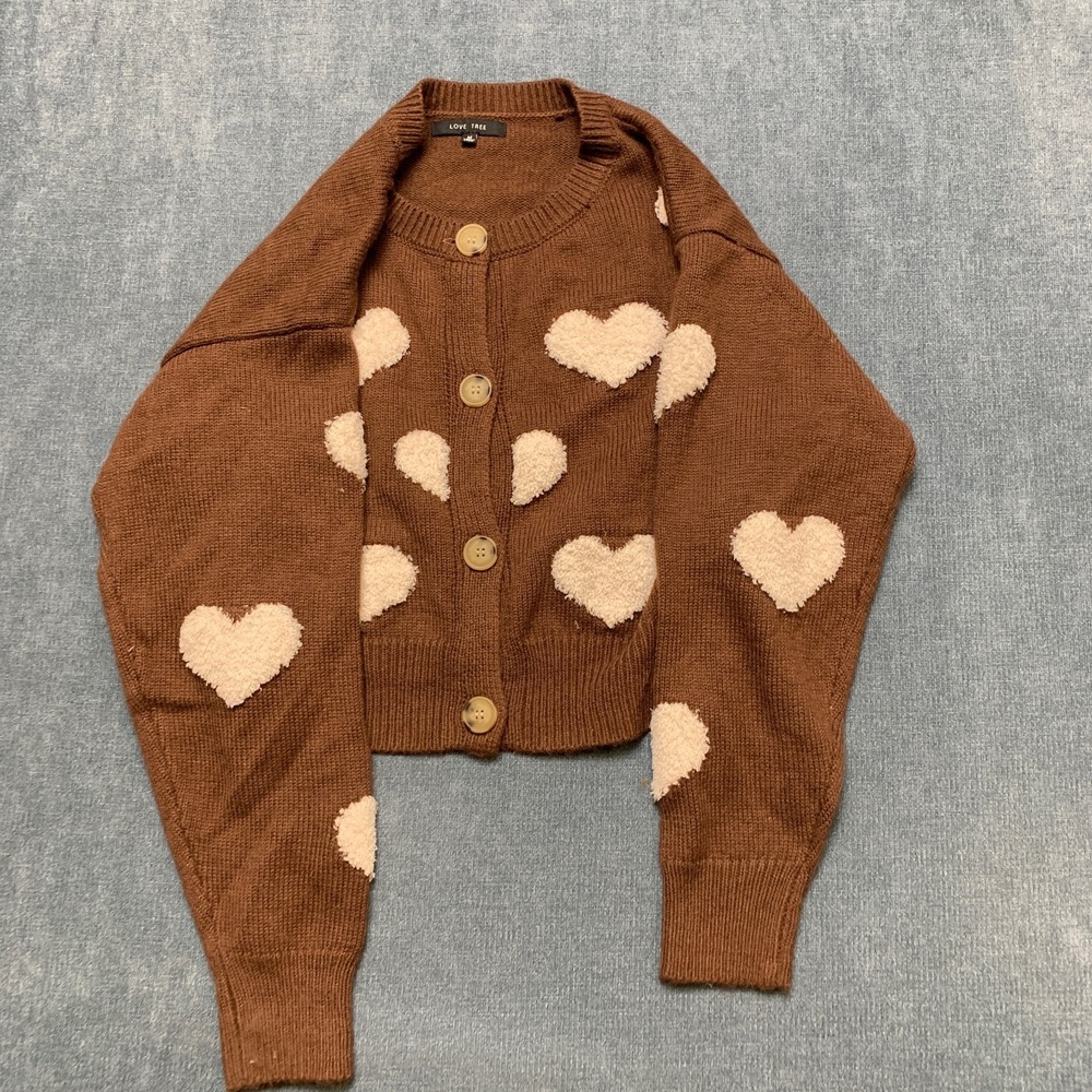 Love Tree Cardigan Sweater Womens Medium Beige Brown Cropped Fuzzy Heart Winter